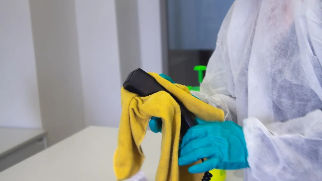 Technician in PPE performing professional disinfection